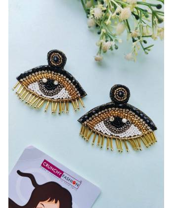 Black-Gold Evil Eye Handmade Beaded Dangling Earrings for Women,Girls