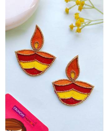 Daily Elegance Orange Beaded Handmade Diya Studs for Women and Girls