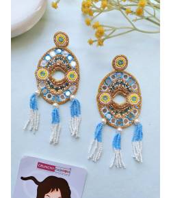 Yellow-Sky-Blue Handmade Beaded Indian Earrings for Haldi Mehndi