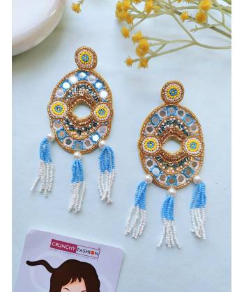 Yellow-Sky-Blue Handmade Beaded Indian Earrings for Haldi Mehndi