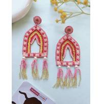 Pink-Gold Beaded Handmade Earrings - Perfect for Weddings & haldi Mehndi