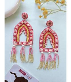 Buy Online Crunchy Fashion Earring Jewelry Pink-Gold Beaded Handmade Earrings - Perfect for Weddings & haldi Mehndi Jewellery CFE2421