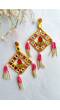 Pink and Yellow Handmade Beaded Long Earrings for Women