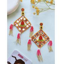 Pink and Yellow Handmade Beaded Long Earrings for Women