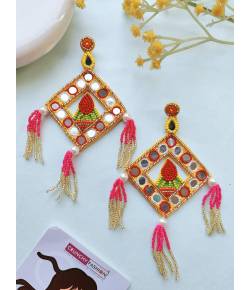 Buy Online Crunchy Fashion Earring Jewelry Pink and Yellow Handmade Beaded Long Earrings for Women Jewellery CFE2422