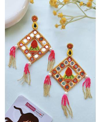 Pink and Yellow Handmade Beaded Long Earrings for Women