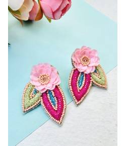 Pink-Mint Green Floral Beaded Earrings for Women & Girls