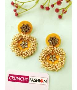 Yellow Handmade Pearl & KUndan Earrings for Haldi
