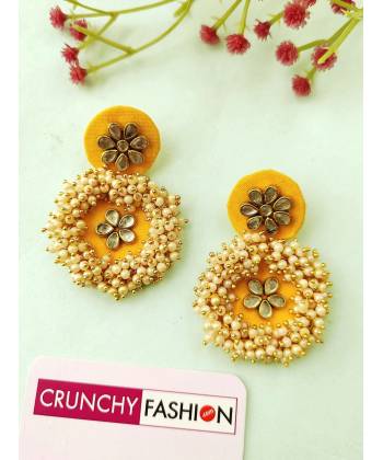 Yellow Handmade Pearl & KUndan Earrings for Haldi