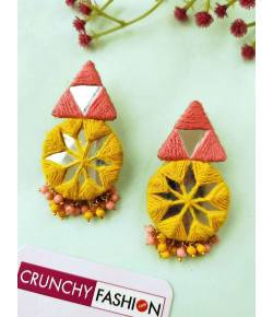 Pink-Yellow MIrror Work Handmade Earrings for Girls