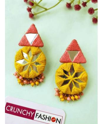Pink-Yellow MIrror Work Handmade Earrings for Girls