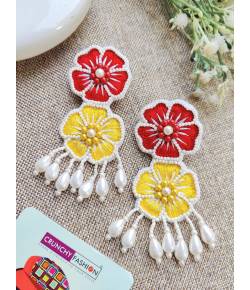 Red-Yellow Beaded Bloom Floral Earrings for haldi, Mehndi