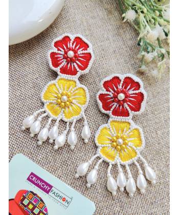 Red-Yellow Beaded Bloom Floral Earrings for haldi, Mehndi