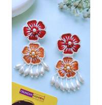 Red-Orange Beaded Handmade Floral Danglers for Women