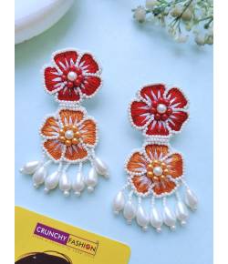 Red-Orange Beaded Handmade Floral Danglers for Women