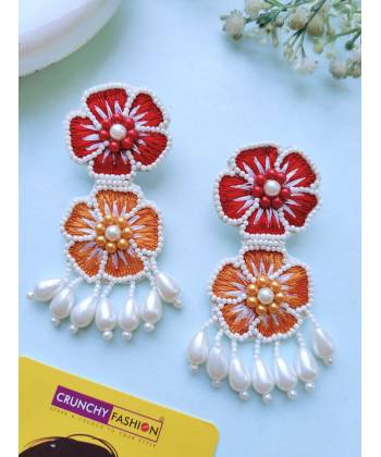 Red-Orange Beaded Handmade Floral Danglers for Women
