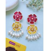 Handmade Pink-Yellow Blossom Beaded Earrings, Spring-Summer