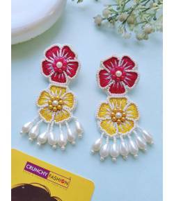 Handmade Pink-Yellow Blossom Beaded Earrings, Spring-Summer