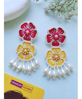 Handmade Pink-Yellow Blossom Beaded Earrings, Spring-Summer