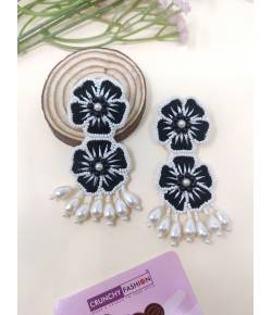 Black Blossom Beaded Handmade Floral Drop Earrings for Women
