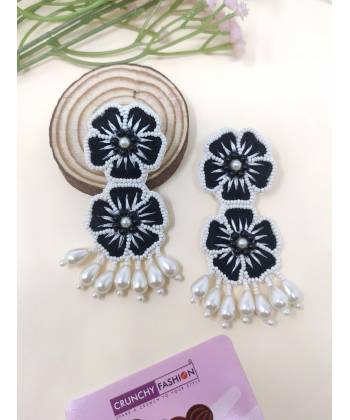 Black Blossom Beaded Handmade Floral Drop Earrings for Women