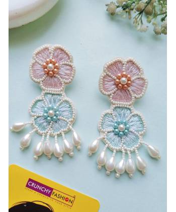 Baby Pink-Powder Blue Handmade Floral Earrings For Girls & Women