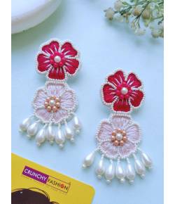 Handmade Pink-Baby Pink Beaded Floral Earrings For Women