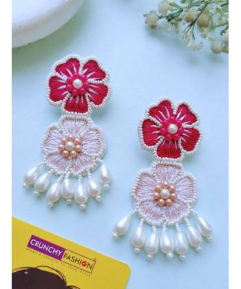 Handmade Pink-Baby Pink Beaded Floral Earrings For Women