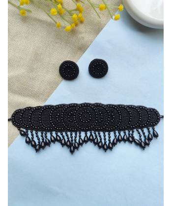 Black Beaded Handmade Beaded Jewellery Set for Girls