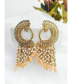 Peach Stylish Party Wear Kundan Studded Dangler Earrings for Women