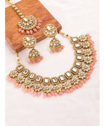 Beautiful Pink Floral Kundan Necklace Set for Women