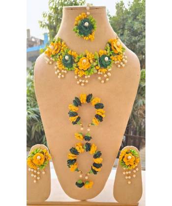 Floral Fiesta: Ethnic Bridal Jewellery Set for Women and Girls in Vibrant Yellow-Green