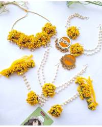 Buy Online Crunchy Fashion Earring Jewelry Yellow-White Floral Bridal Jewellery Set for Haldi-Mehndi Handmade Beaded Jewellery CFFS0096