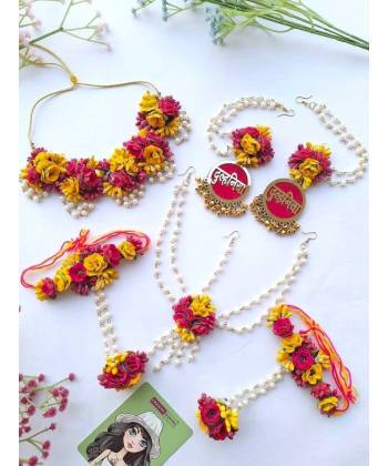 Bridal Bloom: Dulhaniya Earring & Handmade Floral Haldi-Mehndi Jewelry Set