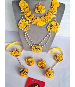 All Season Floral Bridal Jewelry Set - Handmade Pearl Accent for Weddings, Haldi & Mehandi Occasions