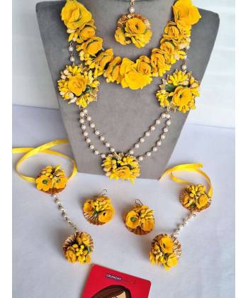 All Season Floral Bridal Jewelry Set - Handmade Pearl Accent for Weddings, Haldi & Mehandi Occasions