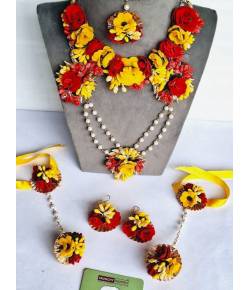 Handmade Floral Bridal Set - Beaded Pearl in Red & Yellow for Haldi Celebration