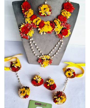 Handmade Floral Bridal Set - Beaded Pearl in Red & Yellow for Haldi Celebration