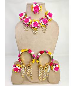 Pink-Yellow Floral Jewelry Set for Bridal Haldi-Mehndi, Handmade Pearl Flower Kaleere