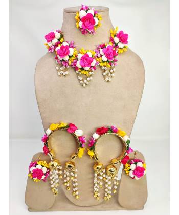 Pink-Yellow Floral Jewelry Set for Bridal Haldi-Mehndi, Handmade Pearl Flower Kaleere