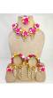 Pink-Yellow Floral Jewelry Set for Bridal Haldi-Mehndi, Handmade Pearl Flower Kaleere