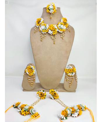 Floral Fiesta Multilayer Haldi Bridal Jewelry Set in Yellow and White