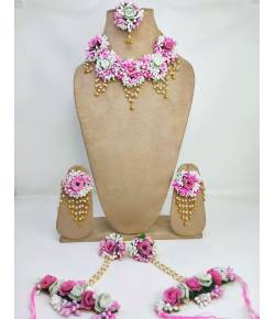 Haldi-Mehndi Floral Bliss: Bridal Multilayer Jewelry Set in Light Pink & White