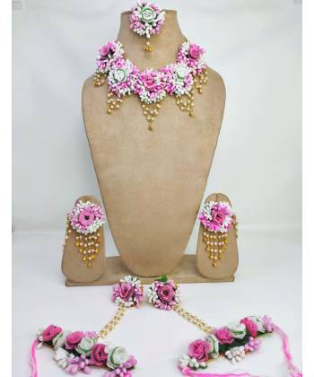 Haldi-Mehndi Floral Bliss: Bridal Multilayer Jewelry Set in Light Pink & White