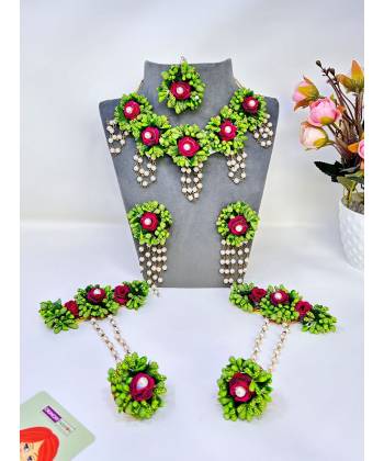 Handmade Haldi Mehndi Floral Ensemble - Green Color Ethnic Bridal Jewellery Set