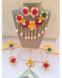 Buy Online Crunchy Fashion Earring Jewelry Pink-Green Handmade Floral Jewellery Set for Haldi, Mehndi Handmade Beaded Jewellery CFFS0067