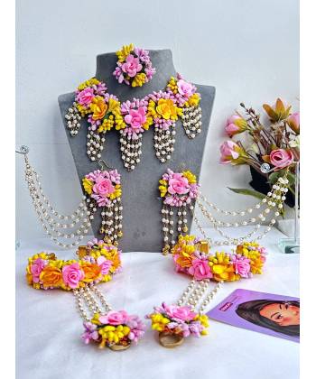 Multicolor Ethnic Floral Jewellery Set - Perfect for Haldi, Mehndi & Weddings