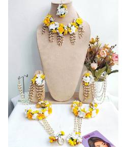 Delicate Yellow-White Floral Beaded Pearl Haldi-Mehndi Bridal Jewelry Set