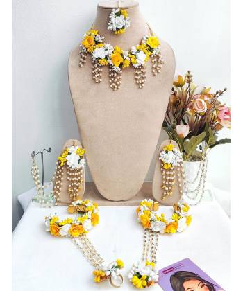 Delicate Yellow-White Floral Beaded Pearl Haldi-Mehndi Bridal Jewelry Set