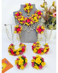 Buy Online Crunchy Fashion Earring Jewelry Mahira Pink-SkyBlue-Yellow Floral Beaded Bridal Haldi-Mehndi Set Handmade Beaded Jewellery CFS0695